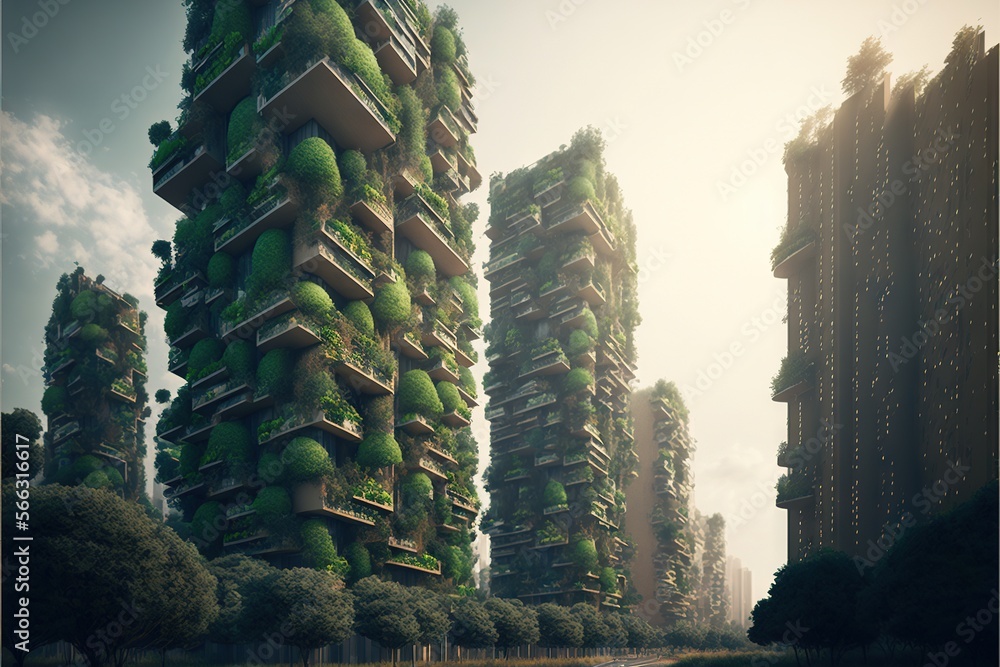 Aufkleber a group of tall buildings with green plants growing on the sides of them and a river running between