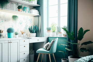 study room with flowers and plants, white light cyan pastel colors