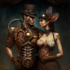 Valentine's Day day digital art. Couple in love, Steampunk style, AI Generated