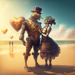 Valentine's Day day digital art.  Couple in love, Steampunk style, AI Generated