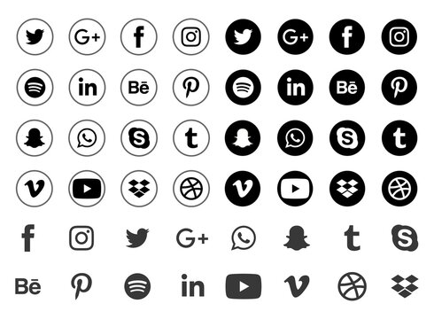 Facebook, twitter, instagram, youtube, linkedin, vimeo. PNG. Social media icons. Realistic set. Vector illustration. 