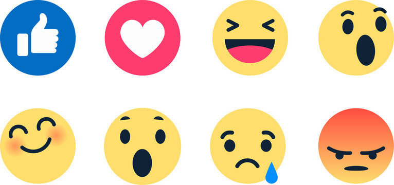 Facebook emoticon buttons. Collection of Emoji Reactions for Social Network. PNG