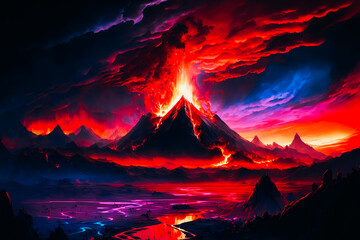 The image depicts the Mordor landscape at sunset, with an explosive array of neon colors illuminating the sky in shades of orange, pink, and purple