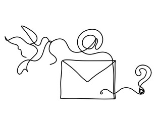 Abstract paper envelope with bird and question mark as line drawing on white background