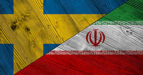 Background with flag of Sweden and Iran on wooden split board. 3d illustration