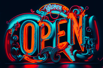 The image features a bright neon sign that says OPEN in bold, colorful letters
