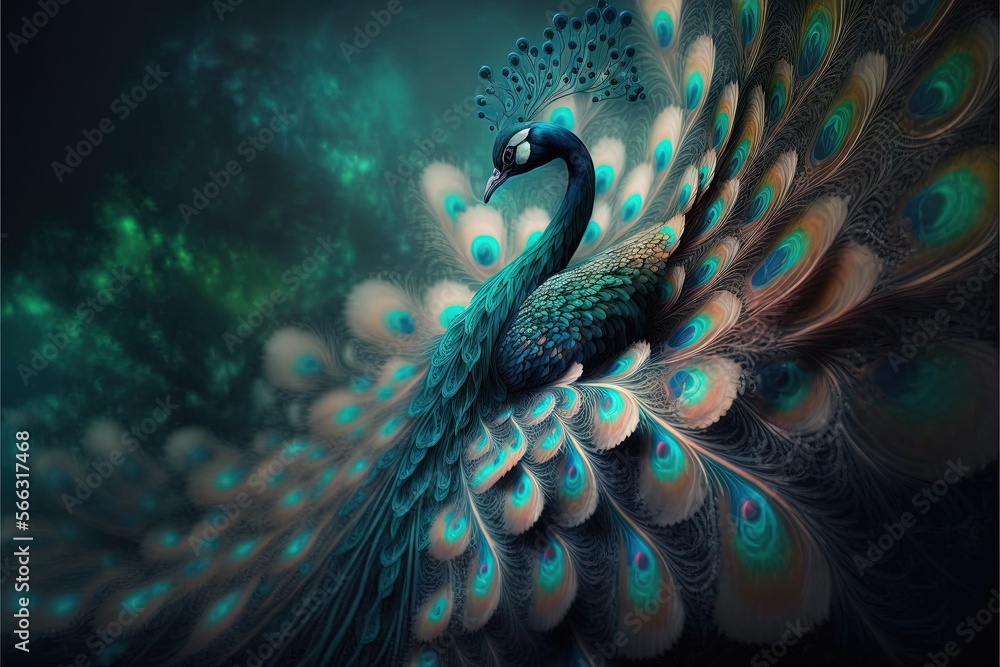 Poster a peacock with its feathers spread out in front of a dark green background with a green and blue bac