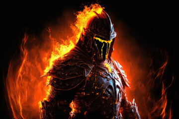 illustration painting of brutal fire demon knight in heavy plate armor, he is a knight of Armageddon, a soulless hollow slave, with darkness in his heart (ai generated)