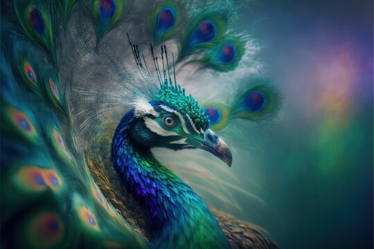  a painting of a peacock with feathers spread out of it's back feathers are blue, green, and purple, and the feathers are white.  generative ai