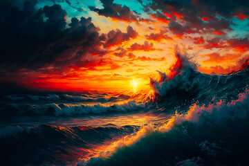 The ocean reflects a mesmerizing array of hues as the sun sets, painting the sky and waves in brilliant, vibrant colors
