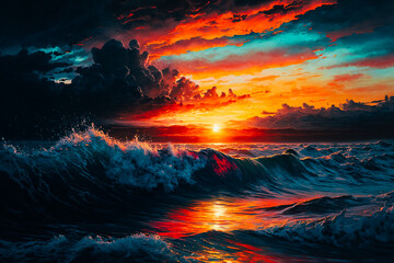 Fototapeta na wymiar The ocean reflects a mesmerizing array of hues as the sun sets, painting the sky and waves in brilliant, vibrant colors