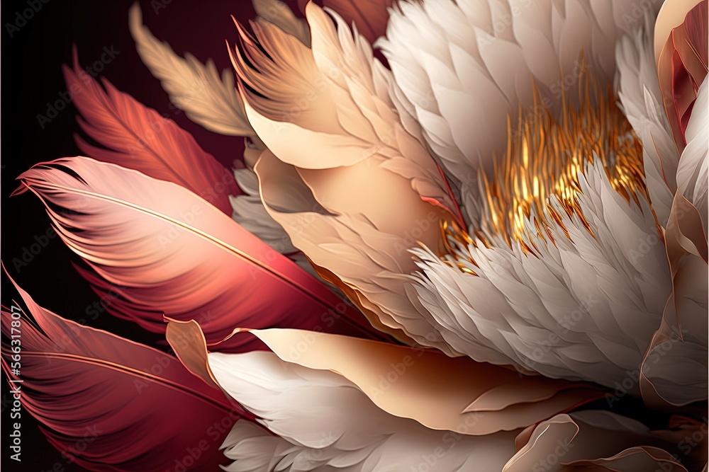Poster a bunch of feathers that are on a black background with a red and white one in the middle of the pic