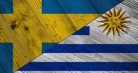 Background with flag of Sweden and Uruguay on wooden split table. 3d illustration