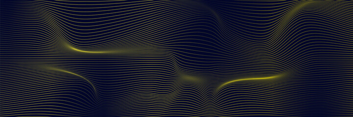 Fototapeta premium Navy blue abstract background with halftone golden lines delicate pattern. Small light spot box. Curve line, cosmic galaxy space. Festive BG for social media, birthday party invitation.