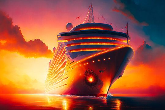 The picture captures the warm golden light of the sunrise shining on the form of a cruise ship, with the focus on the beauty of the light and the form of the ship