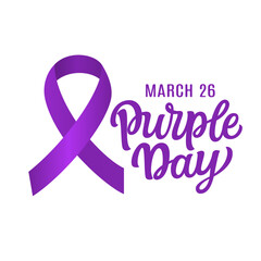 Purple day 26 march, hand lettering text with purple ribbon isolated on white background. World epilepsy day. Vector typography for posters, banners, flyers, social media