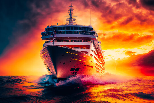 This Image Depicts A Cruise Ship Sailing At Dawn, With The Focus On The Warm Golden Light Of The Sunrise Illuminating The Ship