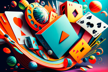 This image features an abstract representation of gambling games, with bold, colorful shapes and lines used to create a playful and imaginative composition