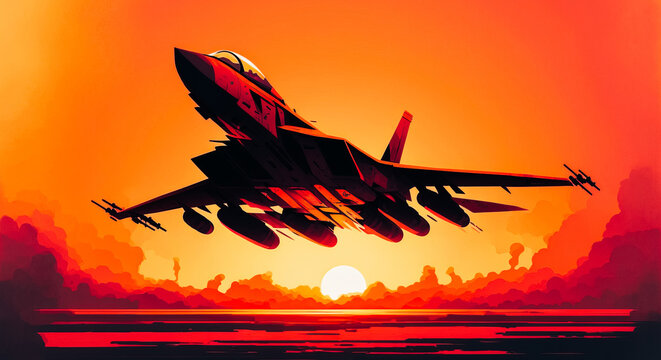 This image shows a fighter jet flying against a backdrop of brilliant orange and pink hues as the sun sets