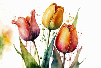 Tulips watercolour.watercolor isolated on white background. Generatvie AI.