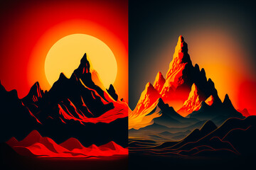 two mountains and sun, hot colors, stroke