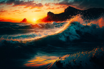 Waves crash against the shore as the sun dips below the horizon, casting a golden glow