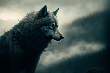 wolf on mountain top, mist