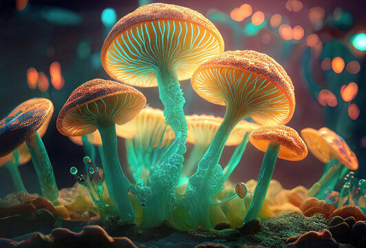 Strange creepy magic enlighted venenous mushrooms and fantastic heroic fantasy background, enhanced and reworked ai generated mattepainting