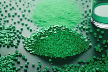Table full of granules of green biodegradable plastic. Eco friendly future concept. Generative AI