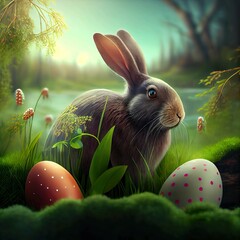 High Quality Easter Wallpaper with Bunny and colorful eggs in forest, spring, Generative AI technology