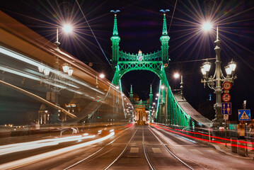Fototapeta na wymiar Night view of Liberty Bridge with light trails in Budapest