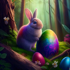 High Quality Easter Wallpaper with Bunny and colorful eggs in forest, spring, Generative AI technology