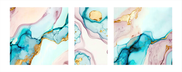 Collection of abstract pink, blue and golden ink landscapes, generative ai beautiful flow liquid backdrops