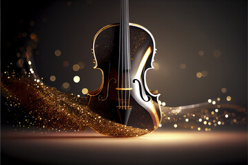 Beautiful cello isolated on a dark and gold background, with glitters and lights. For your advertisement and banners, classic music poster. AI generated. - obrazy, fototapety, plakaty