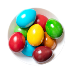 Multicolored Easter eggs in a white bowl. Group of rainbow colored Paschal eggs. Colorful dyed, hard boiled chicken eggs, traditionally used during Eastertide, to celebrate the resurrection of Jesus.
