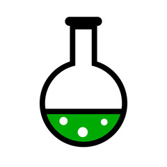 Flask with liquid. Chemistry lab logo. Vector.