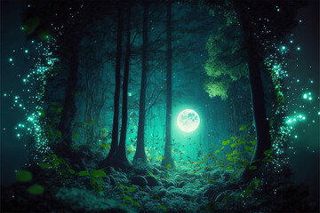 haunted forest creepy landscape at night, fireflies. Fantasy Halloween, magical forest, dark forest, generative ai