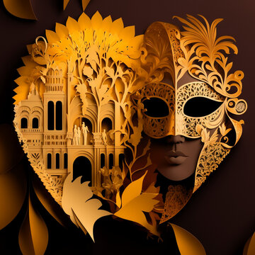 Beautiful Carnival of Venice illustration with masquerades and a lot of mysticism, tematic shape generative ai