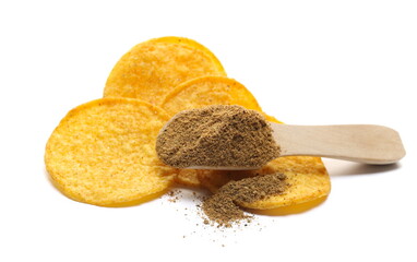 Chips tikka masala flavor, pile spicy taste in wooden spoon isolated on white  