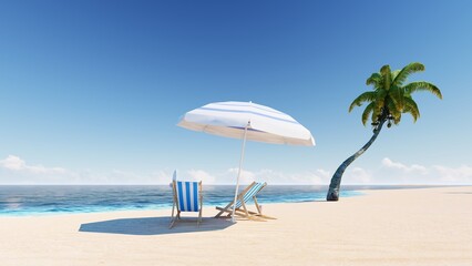8K. Blue sky over the sea and beach. Waves washing the sand. Palm trees on the caribbean tropical beach. Vacation travel background. 