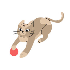 Naklejka premium Illustration of excited funny cat, playing with a red ball, with ears backward