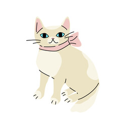 Illustration of cute beige cat with pink bow on the neck, sitting and smiling
