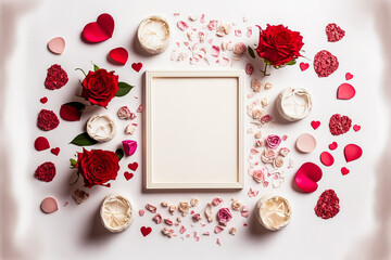 Valentine day Frame made of rose flowers. top view. copy space. Generative AI	