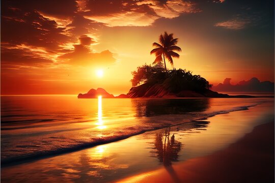 Scenery from paradise beach on a tropical island. sunrise image. Generative AI