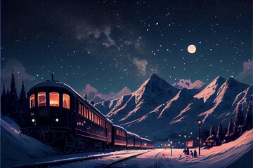 Fototapeta na wymiar Train rolls through snow covered winter town with backdrop consisting of mountains and starry sky. Generative AI
