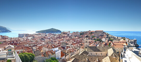 panoramic city over the old town of Dubrovnik from south harbor to island Lokrum til Fort Lovrijenac, Croatia, Adriatic Sea, Dalmatia region