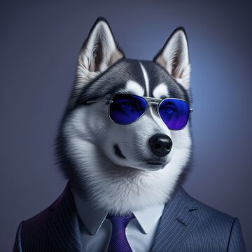 Illustration of husky dog photography in a suit as mascot character generative ai