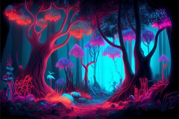 Fototapeta na wymiar Fantasy of neon forest glowing colorful like fairytale. (Created with technology). Generative AI