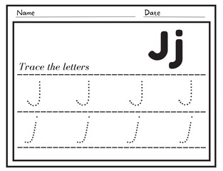 Fototapeta premium Alphabet letters tracing worksheet. Tracing practice worksheet. Learning alphabet activity page. Letter J j