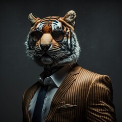 Fototapeta na wymiar Illustration of tigerphotography in a suit as mascot fun human-like character generative ai